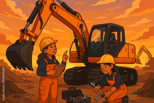 Empowered female engineers inspecting and repairing a large excavator at a bustling construction site during a vibrant sunset. Teamwork, engineering, and maintenance cartoon vector illustration.