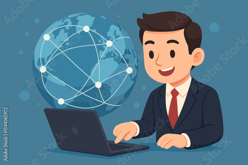 Businessman using laptop with global network connections, digital business communication, international technology, internet banking, corporate data transfer, vector cartoon illustration