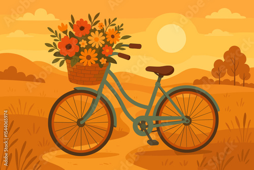 Vintage bicycle with flower basket on rural path at sunset, summer countryside landscape, retro bike scene with wildflowers and scenic fields, tranquil outdoor travel concept illustration