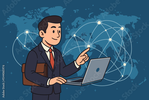 Businessman using laptop on global network connection. International business communication, digital technology, data exchange, worldwide internet, online networking, cartoon vector illustration