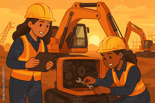 Female Engineers Inspecting and Repairing Heavy Excavators at Industrial Construction Site During Sunset. Professional Women Team Working on Machinery Maintenance. Vector Cartoon Illustration.