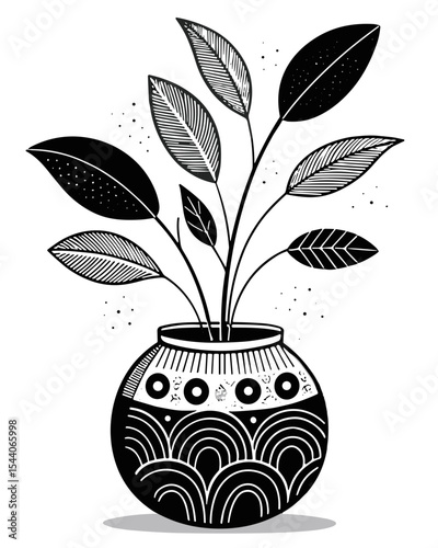 Decorative plant in patterned pot, black and white illustration, modern boho style, nature and home decor concept