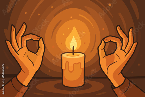 Female Hands in Yoga Mudra Meditating by Warm Glowing Candlelight. Serene Spiritual Practice for Mindfulness, Inner Peace, Relaxation, and Tranquility. Cozy Ambient Atmosphere Vector Illustration.