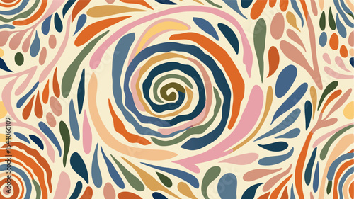 Colorful abstract floral pattern with a central spiral design and petal like shapes artfully arranged
