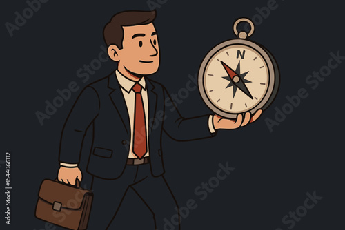 Businessman in suit holding compass, briefcase in hand, navigating direction in dark background. Concept of leadership, guidance, vision, corporate decision, business strategy. Vector illustration.
