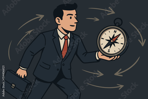 Businessman holding compass navigating direction, leadership guidance concept, corporate decision making, career path, finding way in business world, vector illustration, dark background