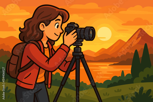 Young Female Photographer Capturing Breathtaking Golden Hour Sunset Landscape with Professional Camera, Tripod, and Backpack. Outdoor Nature Travel Hobby, Vector Cartoon Illustration.