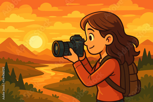 Female photographer capturing stunning golden hour sunset landscape with professional DSLR camera. Woman traveler shooting scenic nature view cartoon vector illustration.