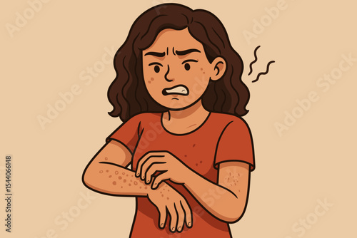 Female scratching itchy arm due to severe skin condition, illustrating health issues, allergic reaction, eczema, dermatitis, dry skin, rash, irritation, or psoriasis concept. Vector cartoon graphic.
