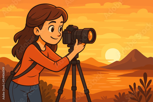 Female photographer capturing stunning sunset landscape with professional camera on tripod. Vector cartoon illustration of woman taking outdoor nature photo during golden hour.