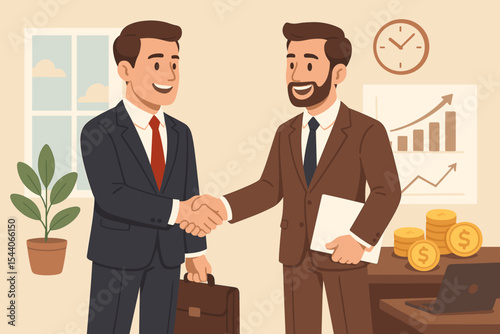 Business partners handshake closing successful investment deal, business meeting agreement, teamwork negotiation, partnership contract, financial growth, coins, office chart, vector illustration
