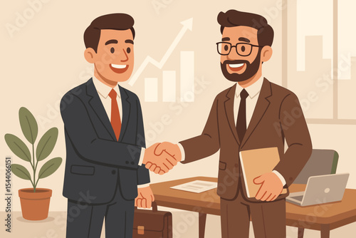 Successful business partnership handshake in office. Businessmen agreement, corporate collaboration, investment deal, negotiation, teamwork, professional meeting, growth, vector illustration