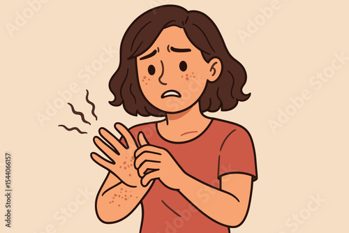 Female character scratching an itchy hand and arm with a red rash. Concept for skin allergy, dermatitis, eczema, psoriasis, hives. Skin disease or irritation. Vector illustration.