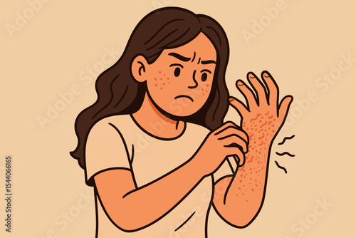 Woman suffering from skin allergy, scratching an itchy red rash on her hand. Concept of dermatology, eczema, psoriasis, dermatitis, or atopic skin disease. Vector cartoon illustration.