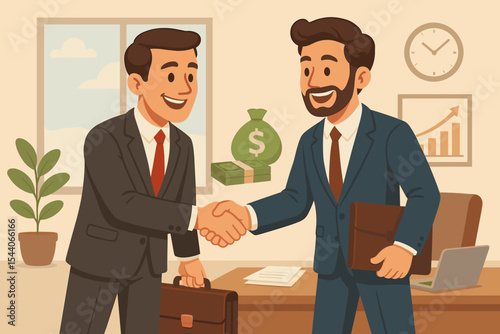 Businessmen shaking hands closing successful investment deal in office. Partnership agreement, financial contract, teamwork, profit growth, negotiation, business cooperation vector illustration