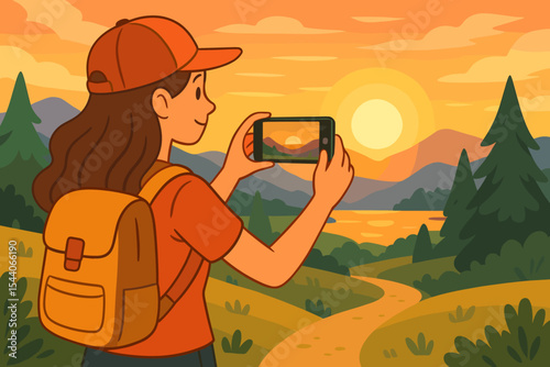 Woman hiker taking a photo of a sunset landscape with a smartphone. Girl with a backpack on a nature trail capturing the mountain and lake view. Travel and adventure concept vector.