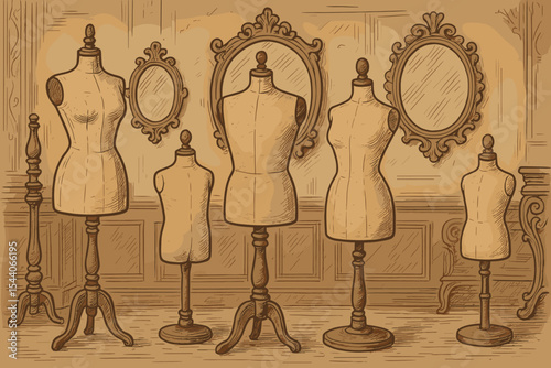 Vintage tailor’s dress forms and mannequins in ornate antique showroom with decorative mirrors, elegant interior design, fashion atelier, classic sketch, retro hand drawn vector illustration
