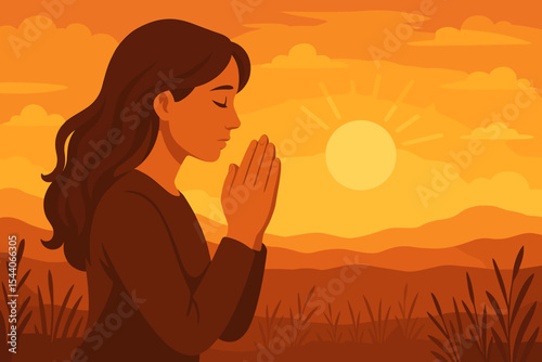 Woman in Prayer Silhouette with Folded Hands at Sunset, Spiritual Meditation, Faith and Hope Concept, Peaceful Nature Landscape, Orange Sky, Religious Blessing, Vector Illustration