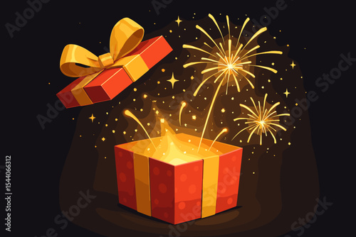Magic gift box open with golden light, sparkles, and fireworks. Festive surprise present concept for birthday, Christmas, or holiday celebration. Vector cartoon illustration.