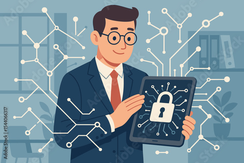 Businessman Protecting Sensitive Data on Tablet, Cyber Security and GDPR Compliance Concept, Office Interior, Padlock Icon, Digital Privacy, Technology Network Connections, Vector Illustration