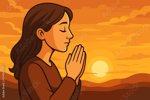 Woman praying with hands together at sunset, faith and spirituality concept, serene orange sky, peaceful meditation, gratitude, hope, worship, vector cartoon illustration, religious devotion landscape