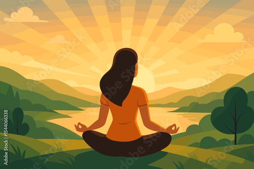 Tranquil woman meditating at sunrise in peaceful nature, sun rays illuminating serene lake and hills, mindfulness, relaxation, healthy lifestyle, yoga outdoors, vector cartoon landscape illustration