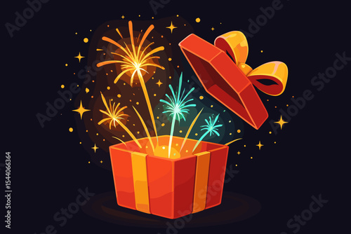 Festive Open Gift Box Unveiling Brilliant Sparkling Fireworks Explosion. Magical Light and Surprises Erupting from Inside on a Dark Background. Perfect for Celebration, Holiday, Party, Special Event.