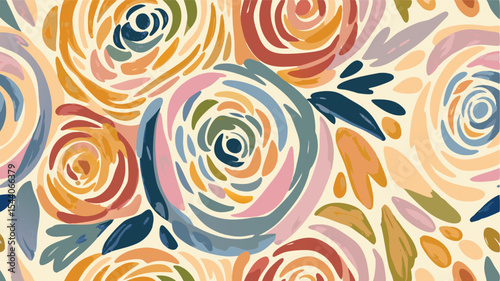 Artistic floral pattern with swirling roses and leaves in a soft color palette creating a vintage feel