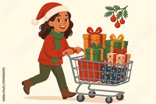 Cheerful woman joyfully pushing a shopping cart overflowing with colorful Christmas gifts and holiday presents. Festive season shopping spree vector cartoon illustration concept.