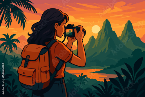 Young woman traveler with backpack capturing stunning tropical mountain sunset photography, wanderlust adventure, nature exploration, scenic landscape vector illustration