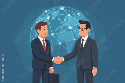 International business partnership handshake, global technology network, digital communication, corporate agreement, teamwork, professional cooperation, vector illustration, businessmen deal
