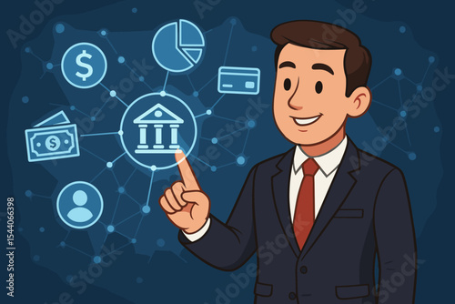 Businessman in suit interacting with digital banking icons on virtual network. Online finance management, fintech, cybersecurity, e-banking, money transfer concept. Vector cartoon illustration.