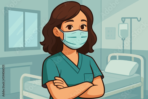 Female doctor or nurse in a medical face mask standing in a hospital room with an IV drip. Healthcare professional during a pandemic. Vector cartoon character of a medical worker.