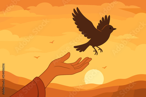 Woman’s hand releasing bird in flight at sunset, symbolizing hope, freedom, letting go, liberation, new beginnings, peaceful nature scene vector illustration, inspirational metaphor concept art