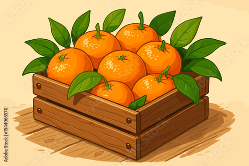 Vibrant Fresh Tangerines and Oranges in Rustic Wooden Crate with Green Leaves. Cartoon Vector Illustration of Citrus Fruit Harvest. Healthy Organic Produce Box.