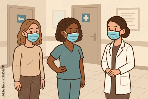 Female doctor and nurse consult with patient in hospital, all wearing face masks. Diverse medical team concept for healthcare, virus protection, pandemic, COVID-19, prevention.