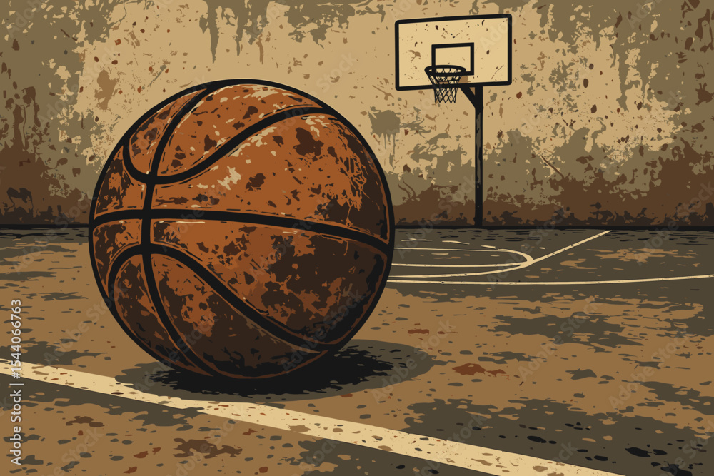 Grunge street basketball court scene with worn vintage basketball, urban playground, textured concrete background, hoop, and dramatic shadow. Sports passion illustration, retro vector, no text