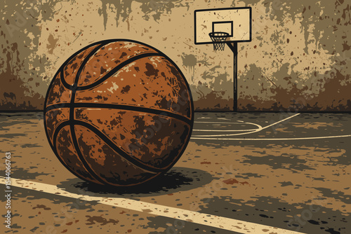 Grunge street basketball court scene with worn vintage basketball, urban playground, textured concrete background, hoop, and dramatic shadow. Sports passion illustration, retro vector, no text