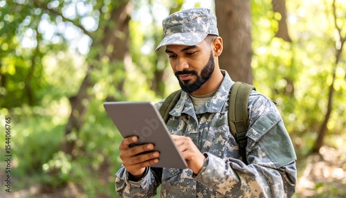 Soldier using tablet in forest.