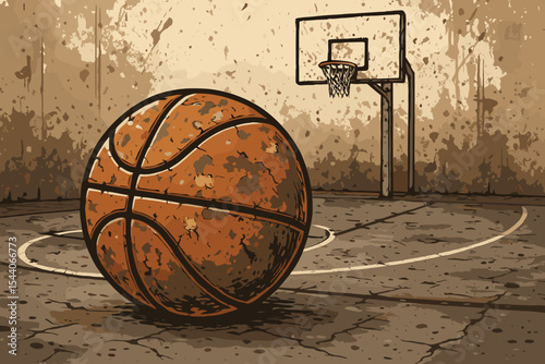 Worn basketball on a grungy urban court. Vector illustration concept of streetball and the love of the game. Vintage retro style sport background with a hoop and backboard.
