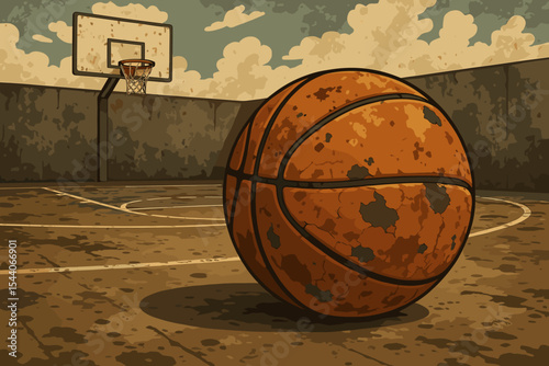 Vintage basketball on weathered outdoor court, grunge urban playground scene, textured worn ball under dramatic sky, nostalgia sports concept, realistic cartoon vector illustration