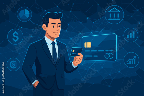Businessman Holding Credit Card in Futuristic Digital Banking Network. Financial Technology, Online Payment, Virtual Banking, Fintech Innovation Concept with Virtual Economy and Data Icons