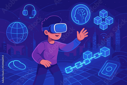 Futuristic Digital Metaverse Technology, Virtual Reality Interaction, Blockchain Innovation, AI Intelligence, Internet of Things Communication, Modern Network, Urban City, Vector Illustration