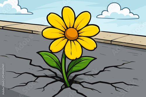 Resilient yellow flower blooming in cracked asphalt, urban street nature breakthrough, hope and perseverance concept, cartoon spring blossom vector, overcoming adversity illustration