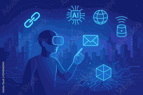 Futuristic Metaverse Technology Illustration Featuring Virtual Reality, Blockchain, AI, IoT, Communication Networks, Internet, Cityscape, Digital Innovation, Immersive Interaction, Vector Art