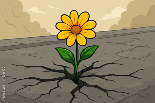 Resilient yellow flower blooming through cracked asphalt street, symbol of hope, perseverance, growth, urban survival, overcoming adversity, strength, optimism, spring renewal vector cartoon
