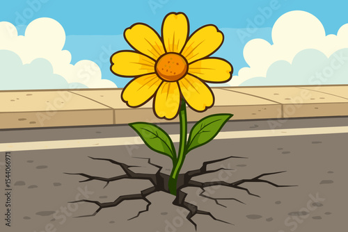 Vibrant yellow daisy flower breaking through cracked asphalt street cartoon, concept of hope, resilience, perseverance, overcoming adversity, urban growth, positive symbol, vector illustration