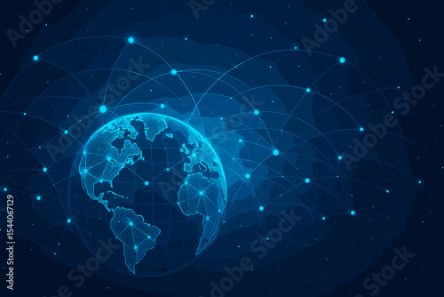 Futuristic Global Network Connection Concept. Abstract Digital Technology Background. World Communication, Internet, Big Data, Business, AI, Blockchain, Cybersecurity, Globalisation Design