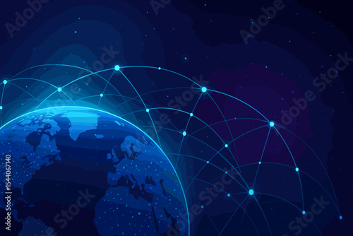 Global communication network concept. Futuristic planet Earth with glowing lines and nodes. World data exchange, internet, big data, and blockchain technology vector background.