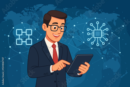 Businessman using tablet with blockchain network and microchip icons on global virtual screen, digital transformation, fintech technology, innovation and data connectivity concept illustration